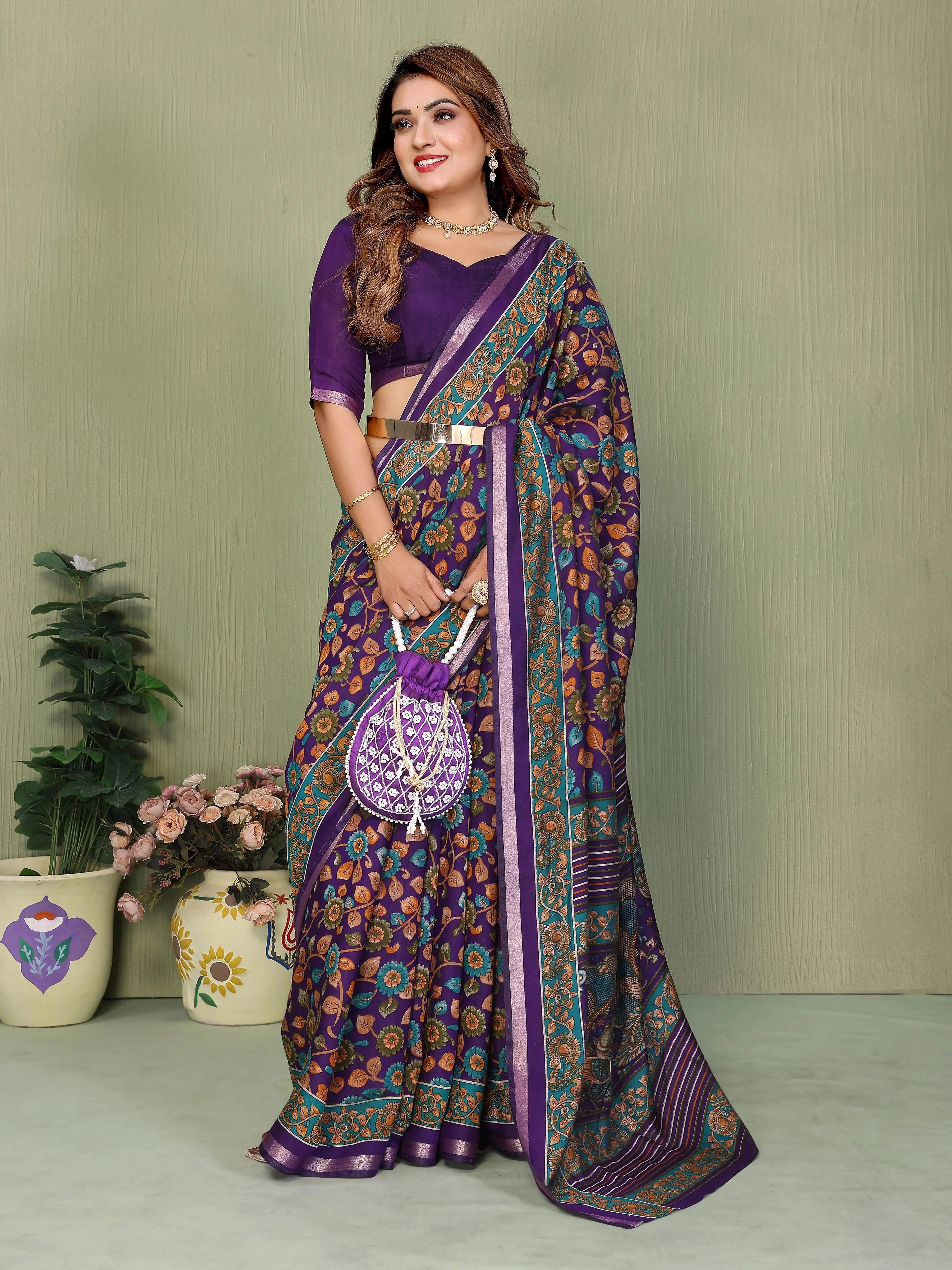 Purple Kalamkari Print Mul Cotton Saree